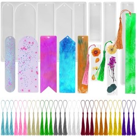 8 piezas de moldes de marcador de página de resina, FineGood moldes de silicona para resina con borlas, moldes de resina epoxi DIY para marcadores de página