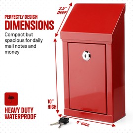 Metal Donation Box-Suggestion Box with Slot and lock-Cash Lock box for Money-Drop Box-outdoor waterproof mailbox and ballot box-comes with pre-drilled holes for easy wall mounting 10 X 6 X 2.5"(Red)