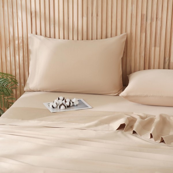 JSD 100% Cotton Sheet Set Full, Beige Sateen Sheets 300