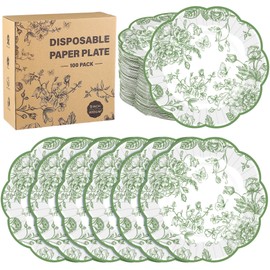 Kochorie 100 Pieces Sage Green Floral Paper Plates 9 Inches Disposable Green Flower Scalloped Plates Vintage Floral Dinner Dessert Decorative Plate for Wedding Baby Shower Birthday Party Supplies