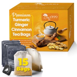 TOG999, Premium 15 Tea Bags Turmeric, Ginger, Cinnamon, 100% Natural, Hand-made Blend of Turmeric, Ginger, and Cinnamon Herbal Tea. Eco-conscious Tea Bags. No Sugar, No Caffeine, No Gluten, Vegan.