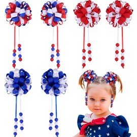 OAOLEER 6PCS 4th of July Hair Bows for Girls, Blue Red White Flower Hair Accessories for Girls Grosgrain Ribbon Bows With Alligator Clips for Kids Teen Back to School (Round Bows-4th of July)