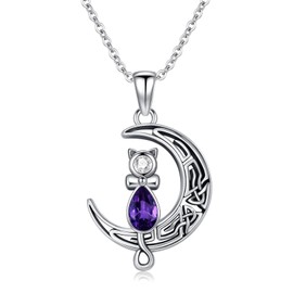 AOBOCO 925 Sterling Silver Celtic Moon Cat Crescent Pendant Necklace with Purple Birthstone Christmas Birthday Jewelry Gifts for Women Cat Lovers