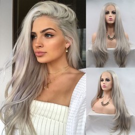 AFBeauty Grey Lace Front Wigs Synthetic Platinum Color Heat Resistant Fiber Free Part Lace Front Wig Gluless Silver Wigs for Women 24 inches