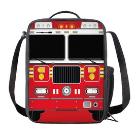 COEQINE Cartoon Fire Truck Print Lunch Box for Kids Boys Girls 8-12, Lunch Tote Bag With Adjustable Shoulder Strap