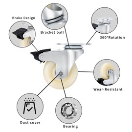 3 inch Casters Set of 4 Heavy Duty with Dual Locking, Nylon Castors No Noise Industrial Swivel Top Plate Casters Wheels for Cart, Workbench, Furniture (Free Hardware Kits)