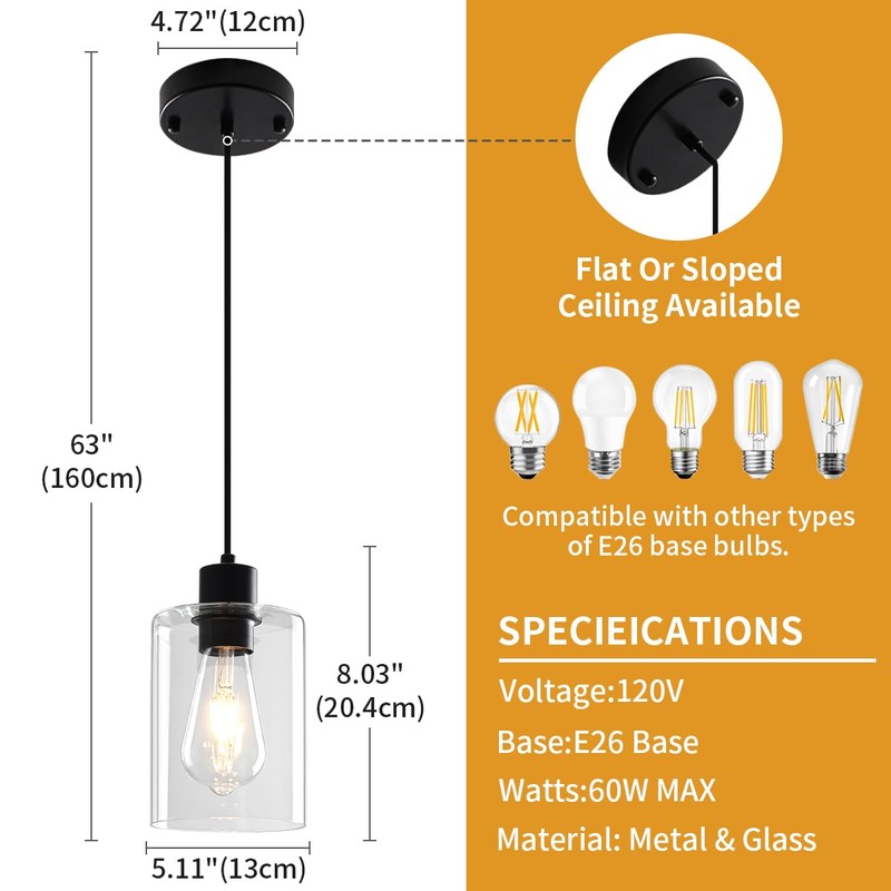 ZSMIHDOH Glass Pendant Lights Kitchen Island 2 Pack, Black Kitchen
