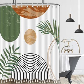 GiuMsi Boho Mid Century Leaf Shower Curtain Set,Arch Sun Design,Minimalistic Leaves Pattern,Waterproof and Luxurious Fabric-12 Hooks(Green-72" x 84")