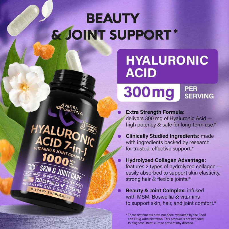 Acido Hialuronico 1000 Mg 120 Caps Nutra Harmony Hecho Usa