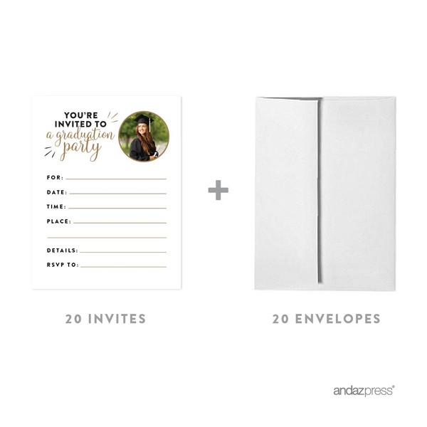 Andaz Press Personalized Graduation Photo Party Collection, Blank New Grad Invitations with Envelopes, 20-Pack, Custom Image