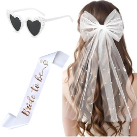 Hen Party Accessories Women 3 Pieces Bachelorette Party Women Accessories Bride to Be Sash White, Veil JGA Bride, Heart Sunglasses White Pearls, Bride to Be Decoration Bachelorette Party Games