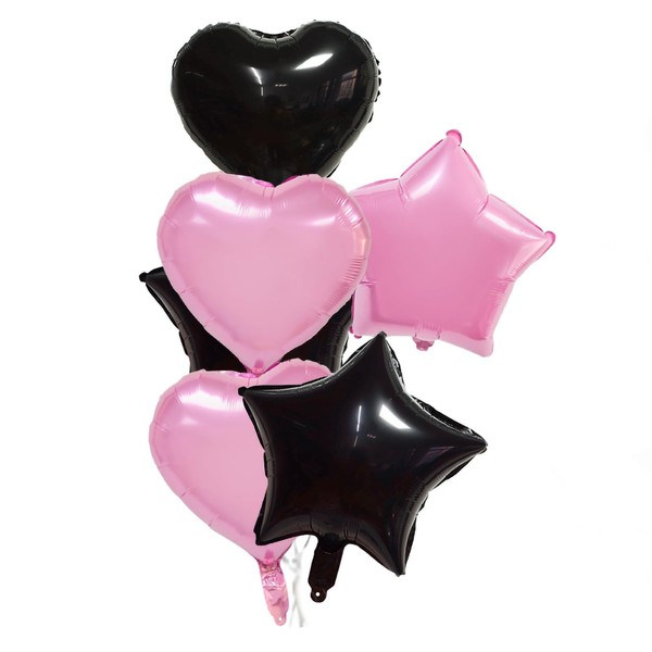 6Pcs Pink Black 18 Inch Foil Star Heart Balloons,Natural Latex