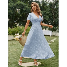 Simplee Women's Boho Floral V Neck Short Sleeve Formal Maxi Ruffle Dress Summer Long Flowy Lace Bridesmaid Wedding Party Evening Dress(M 1_Blue)