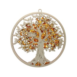 Window Decoration Suncatcher Amber in Birch Wood "Tree with Owls" Diameter 11 cm Including Gift Packaging