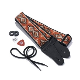KLIQ Vintage Woven Guitar Strap for Acoustic and Electric Guitars + 2 Free Rubber Strap Locks, 2 Free Guitar Picks and 1 Free Lace | '60s Jacquard Weave Hootenanny Style | Navajo Sienna/Tan