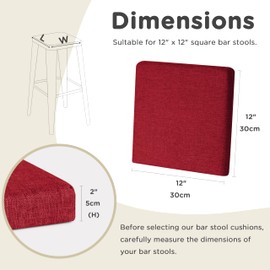 AddGrace Anti-Slip Bar Stool Cushions Square Bar Stool Seat Cushions with Ties Set of 4 Small Square Chair Pads with Machine Washable Cover 12"X12"X2" (Red)