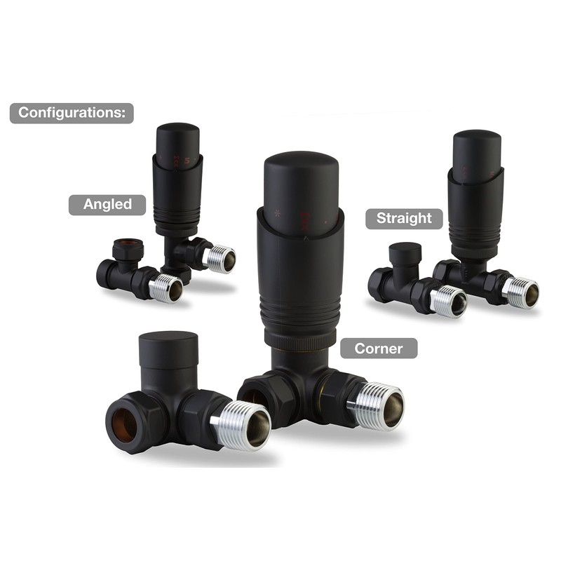 Black Thermostatic Radiator Valve Angled Corner or Straight Matt Black