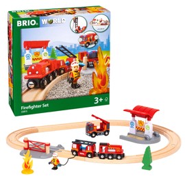BRIO World Rescue Firefighter Set - 18-Piece FSC-Certified Wood Train Set & Accessories - Fire Train Engine with Lights and Sound, Wooden Tracks & More - Works with All Wooden Train Sets - Ages 3 & Up