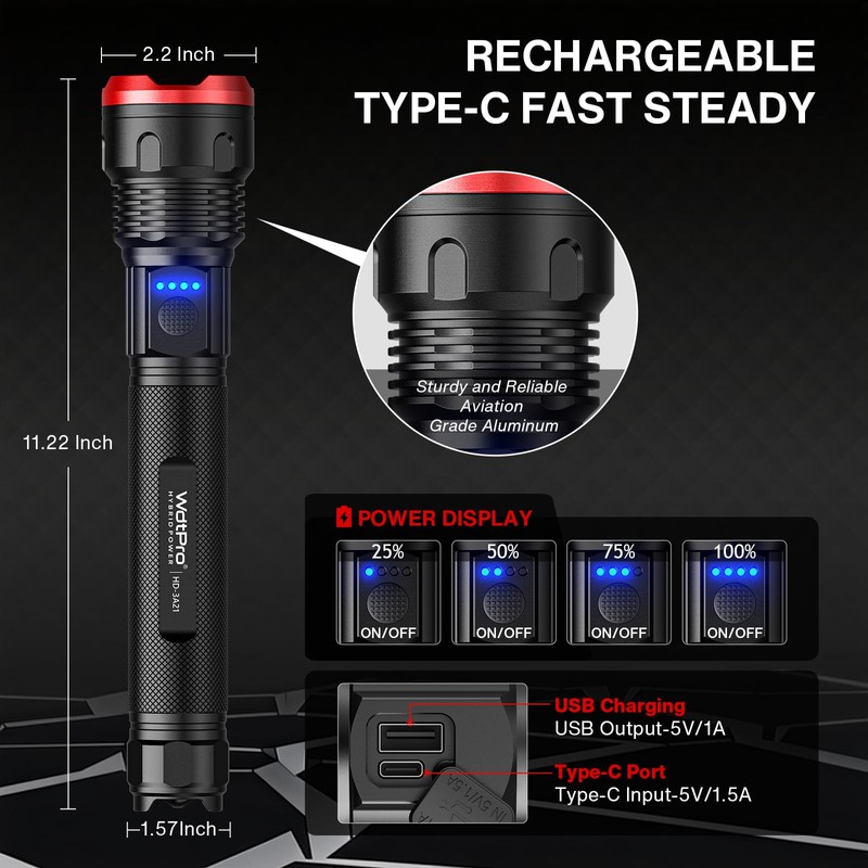 WdtPro Rechargeable Flashlights High Lumens, Super Bright Flashlight, Powerful LED