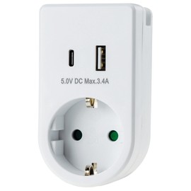 ChiliTec Socket Adapter USB-C USB-A Adaptor Plug 230 V Earthing Contact Socket with 5 V USB Charging Adapter 3.4 A White