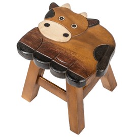 Cow Design Hand Carved Acacia Hardwood Decorative Short Stool