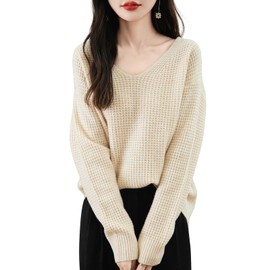 Chanyarn Women's 100% Merino Wool Sweater 2024 Fall Winter Casual V Neck Long Sleeve Waffles Knit Sweater Pullover (Beige,L)