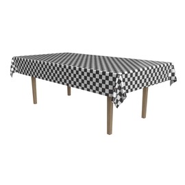 Beistle Checkered Tablecover – Black and White Rectangular Plastic Tablecloth, Disposable Table Decoration for Racing, Sports, 1950s Diner, and Rock & Roll Themed Parties, 54" x 108"