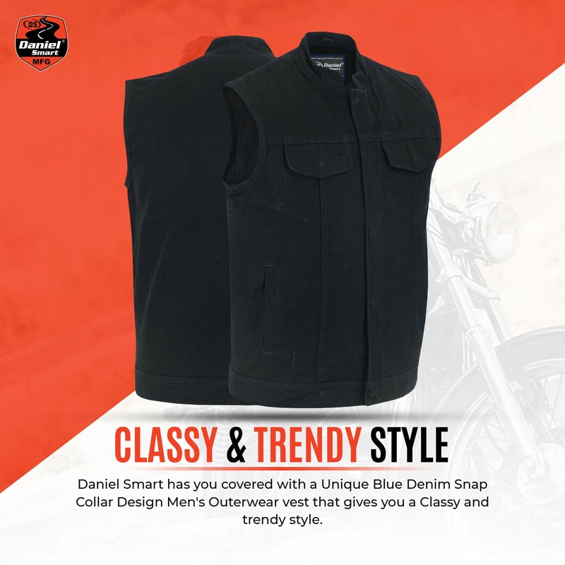 Daniel Smart Men Denim Vest Scoop Collar Motorcycle Vest for