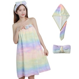 Wrap Towel, For Adults, Girls, Towel Cap (3 Piece Set), Absorbent, Nice Texture, Quick Drying, 29.5 x 59.1 inches (75 x 150 mm), Soft, Wearable Bath Towel, Microfiber Towel, Changing Towel, Won't Slip Off, Pool, Hot Springs, Gym Bath Towel