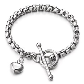 COOLSTEELANDBEYOND Stainless Steel Women's Rolo Chain Bracelet Polished with Dangling Puff Heart Toggle Clasp, Stainless Steel, Non-applicable