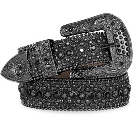FIORETTO Men Women Rhinestone Belt Western Studded Leather Belt Shine Crystal Bling Diamond Cowgirl Cowboy Waist Belt for Jeans Pants All Black