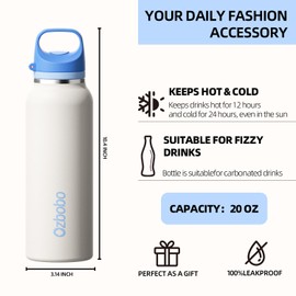 Ozbobo 20 OZ Water bottle with Quick Fill Technology, Double Walled Vacuum Insulated Bottle For Women Man, 100% Leak Proof Locking Lid, Sip & Chug, BPA Free, Holiday Gift for Him Her(White)