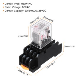 MECCANIXITY 2Pcs AC 24V Electromagnetic Power Relay, 14-Pin 3A Power Coil Relay with LED Indicator and Socket Base DPDT 4NO 4NC - MY4NJ for Industrial, Home Appliances and DIN Rail System
