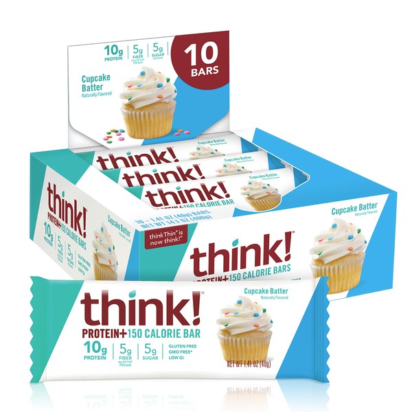 think! Protein+ 150 Calorie Bars - Cupcake Batter, 10g Protein, 5g Sugar, No Artificial Sweeteners, GMO Free, 1.4 oz bar (10 Count)