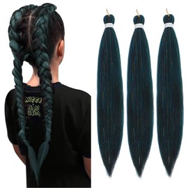 Braiding Hair Pre Stretched - 26 Inch Pre Stretched Braiding Hair Soft Yaki Texture 3 Packs Crochet Hair Extensions Braids for Black Women (26 Inch(3Packs), 1B/Blue/Green-Tinsel)