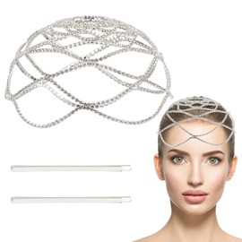 NICENEEDED Rhinestone Mesh Headpiece Cap, Silver Crystal Flapper Headband Hair Chain Accessories for Women and Girls