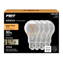 Feit Electric A19 LED Light Bulbs, 60W Equivalent, 810 Lumens, 3000K Bright White, High CRI 90+, Dimmable, Filament Style, Energy Saving, 17,000-Hour Lifetime, A1960CL930CA/FIL/4, 4-Pack