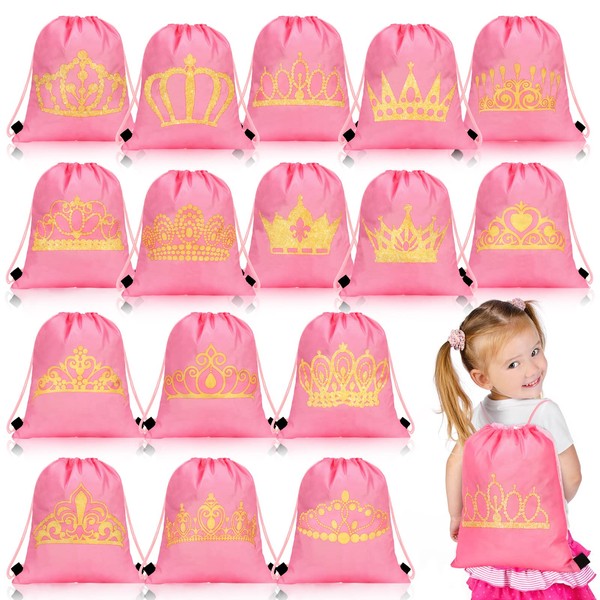 16 Pcs Princess Party Gifts Bags Princess Crown Drawstring Bags Pink Goodie Bags Candy Favor Storage Supplies for Girls Kids Princess Birthday Wedding Party Supplies