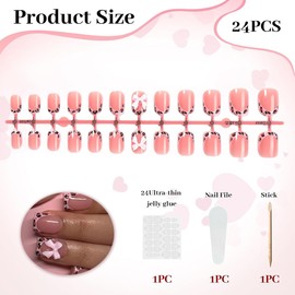 OUDQFCJ Press on Nails with Charms, Fake Nails, Cute Bow, Acrylic Nails, Heart Nails, Rhinestone Nails (12 Sizes) (Black and Pink), Pack of 24
