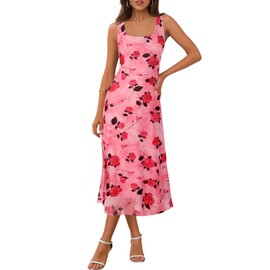 MEROKEETY Women's 2025 Summer Floral Midi Dress Casual Flowy Mesh Boho Vacation Beach Sundress, Pink, Medium