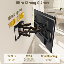 Mounting Dream TV Wall Mount, UL Listed Full Motion Mount Bracket for 42-84 Inch Flat Screen TVs, Swivel Articulating Dual Arms, Max VESA 600x400mm, 100 LBS Loading, Fits 16 Inches Wood Studs, MD2296