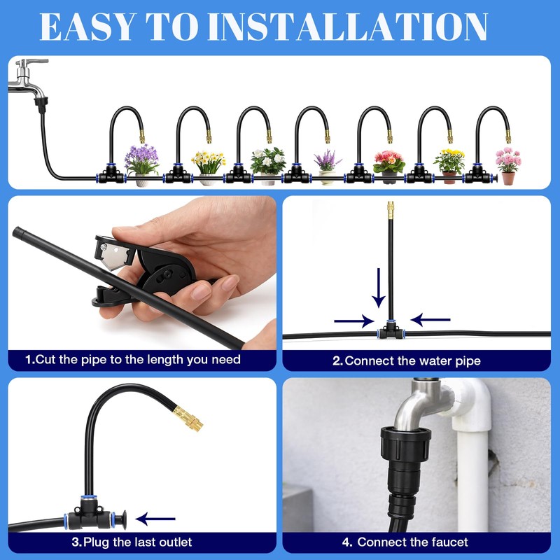 80FT Drip Irrigation Kit, 8mm Hose with 20 Brass 360°