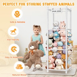 Woodure Stuffed Animal Storage & Organizer, Wooden Cute Zoo Toy Holder for Toddler Rooms, Playrooms & Bedrooms（White）