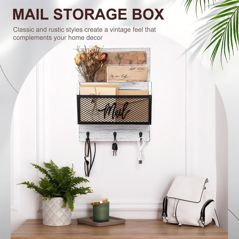 Yalikop Farmhouse Mail Organizer Wall Mounted Rustic Mail Holder Hanging