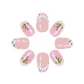 MISUD Summer Press on Nails Short Oval Fake Nails Glossy Glue on Nails White French Tip Acrylic Nails Round Artificial Nails Tulip Flower Stick on False Nails with Design 24 pcs