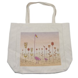 Lunarable Exotic Shopping Bag, Abstract Landscape with Fantasy Flowers Flamingos Wildlife Theme, Eco-Friendly Reusable Bag for Groceries Beach and More, 15.5" X 14.5", Cream