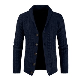 JMIERR Cardigan Sweaters for Men Fall Casual Long Sleeve Shawl Collar Button-Down Cable Knit Sweater with Pockets,US 43(L),Blue