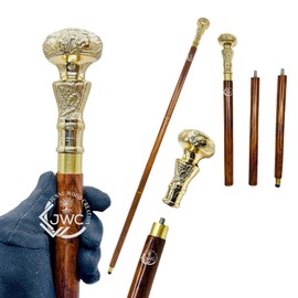 JUNNU WOOD CREATION Vintage Brass Handle Victorian Telescope Fold able Wooden Walking Stick Walking Cane Ideal Gift Length 37 INCHES, BROWN