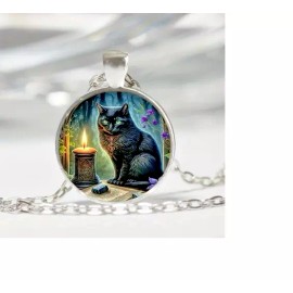 Fashion Jewelry BLACK CAT WICCA PAGAN CANDLE OCCULT Pendant On 22" 925 Sterling Silver Necklace
