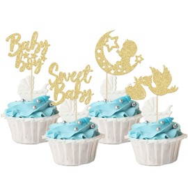 24 piezas de decoración para magdalenas de bebé niño, purpurina dorada, luna, estrella, dulce bebé, cupcakes, decoración para revelar género, baby shower, niños, suministros de fiesta de cumpleaños